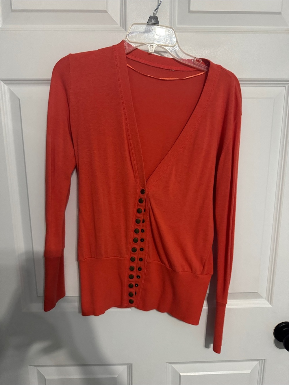 Trio of Women's V-Neck Button Cardigan Sweaters- Green, Plum, Orange - Picture 6 of 7
